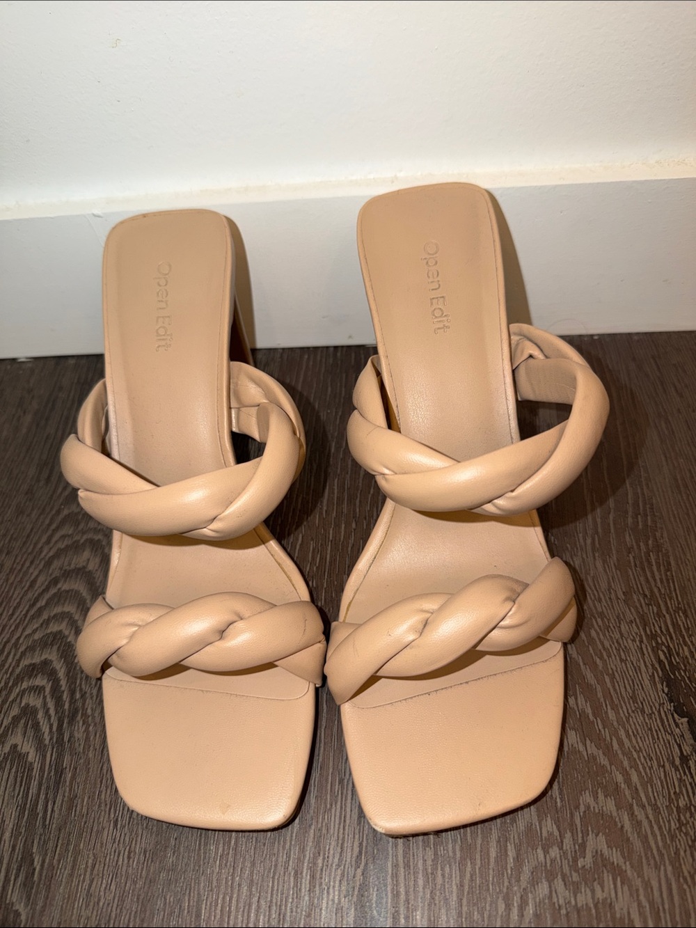 Open Edit Braided Double-Strap Slide Mules in Nude